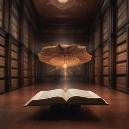 A dense mahogany table in a magical library, hosting a single petite book levitating in the air. The book's pages lazily fan open, revealing illuminated text that casts an enchanting, soft glow, casting mesmerizing patterns of light around this unusual spectacle.