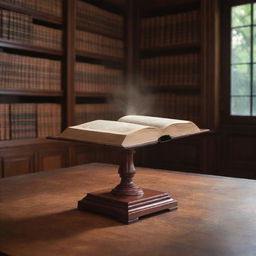 A dense mahogany table in a magical library, hosting a single petite book levitating in the air. The book's pages lazily fan open, revealing illuminated text that casts an enchanting, soft glow, casting mesmerizing patterns of light around this unusual spectacle.