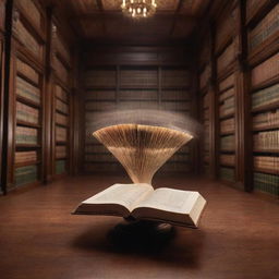 A dense mahogany table in a magical library, hosting a single petite book levitating in the air. The book's pages lazily fan open, revealing illuminated text that casts an enchanting, soft glow, casting mesmerizing patterns of light around this unusual spectacle.