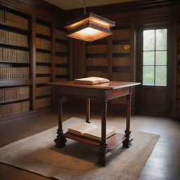 An antique mahogany table in a magical library, hosting one small, lit book suspended in mid-air. The tiny tome emanates a calming luminescence, its pages leisurely turning in an unseen wind, the glowing text casting playful characters of light around the mystical setting.