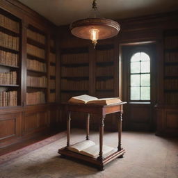 An antique mahogany table in a magical library, hosting one small, lit book suspended in mid-air. The tiny tome emanates a calming luminescence, its pages leisurely turning in an unseen wind, the glowing text casting playful characters of light around the mystical setting.