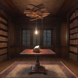 An antique mahogany table in a magical library, hosting one small, lit book suspended in mid-air. The tiny tome emanates a calming luminescence, its pages leisurely turning in an unseen wind, the glowing text casting playful characters of light around the mystical setting.