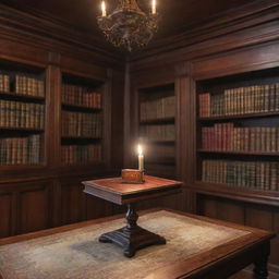 An antique mahogany table in a magical library, hosting one small, lit book suspended in mid-air. The tiny tome emanates a calming luminescence, its pages leisurely turning in an unseen wind, the glowing text casting playful characters of light around the mystical setting.