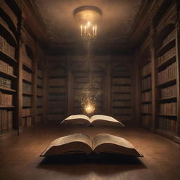 In the quiet solitude of an enchanted library, one magical book defies gravity, gracefully floating in mid-air, its pages rustling and glowing ethereally, illuminating the surrounding space with a softer, warm light.