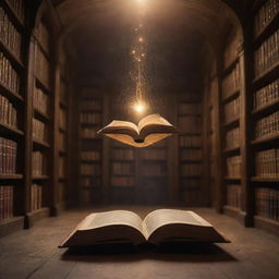 In the quiet solitude of an enchanted library, one magical book defies gravity, gracefully floating in mid-air, its pages rustling and glowing ethereally, illuminating the surrounding space with a softer, warm light.