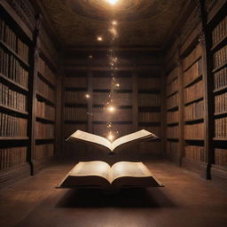 In the quiet solitude of an enchanted library, one magical book defies gravity, gracefully floating in mid-air, its pages rustling and glowing ethereally, illuminating the surrounding space with a softer, warm light.