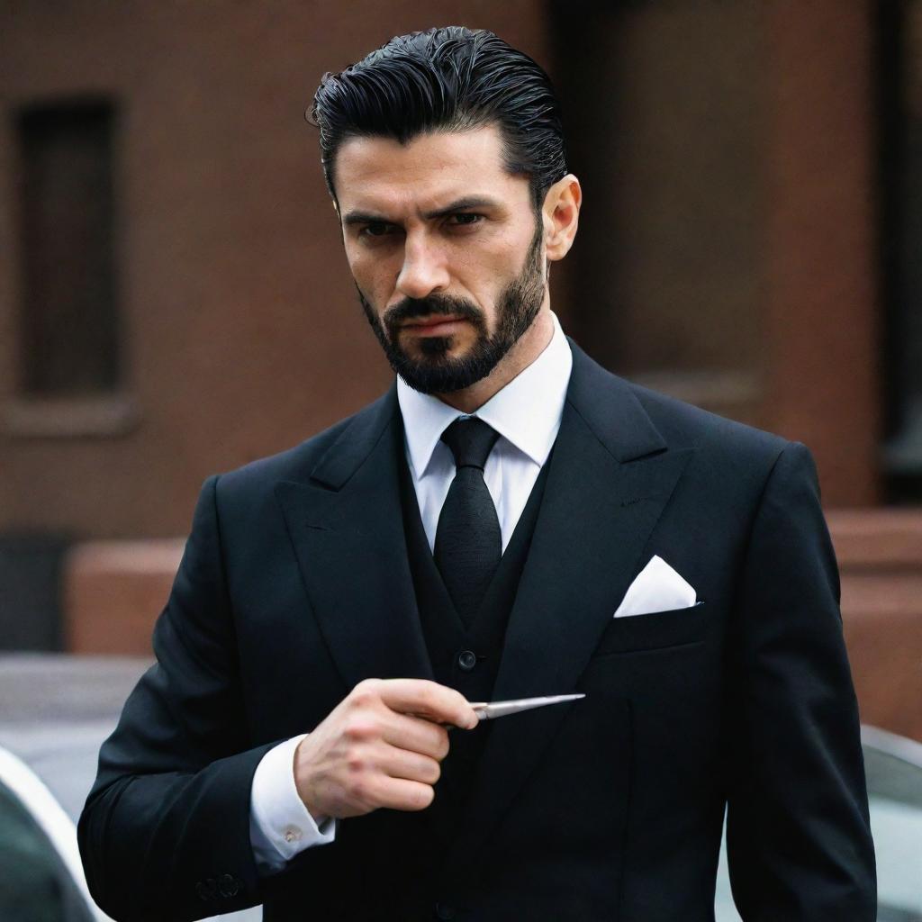 A tall, sophisticated mafia boss with a hook-shaped knife in his hand. He's clad in a sharp, three-piece black suit, sporting a short beard, tousled black hair, and clear skin.