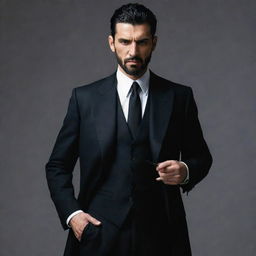 A tall, sophisticated mafia boss with a hook-shaped knife in his hand. He's clad in a sharp, three-piece black suit, sporting a short beard, tousled black hair, and clear skin.