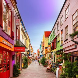 A bustling street with a variety of colorful shops. Each store has a unique design, inviting signage, and display windows showcasing interesting and eye-catching merchandise.