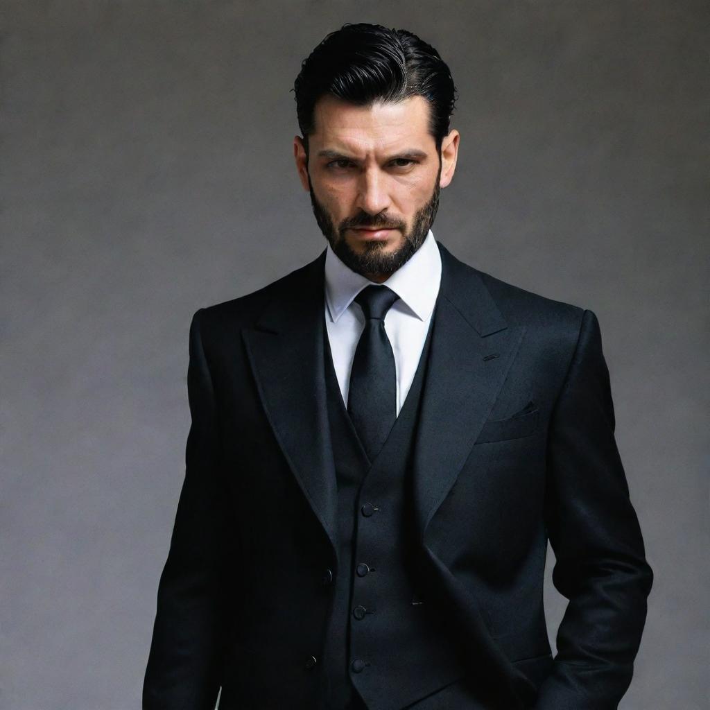 A tall, sophisticated mafia boss with a hook-shaped knife in his hand. He's clad in a sharp, three-piece black suit, sporting a short beard, tousled black hair, and clear skin.