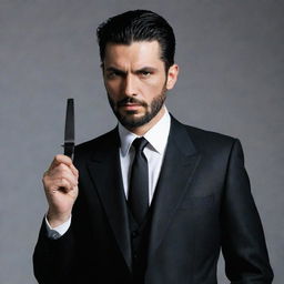 A tall, sophisticated mafia boss with a hook-shaped knife in his hand. He's clad in a sharp, three-piece black suit, sporting a short beard, tousled black hair, and clear skin.