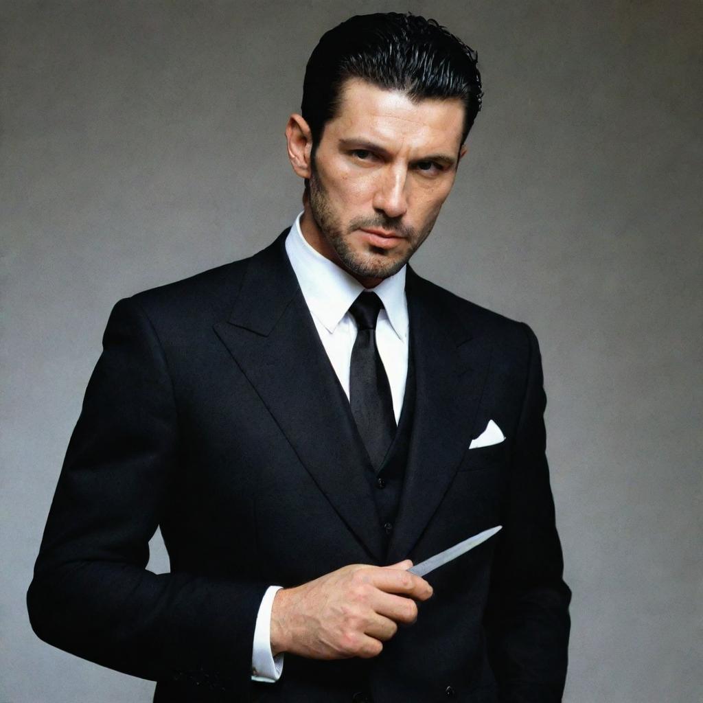 The same tall, sophisticated mafia boss but now with his black hair even messier yet irresistibly attractive. Still holding a hook-shaped knife, donned in a three-piece black suit, short beard, and clear skin.