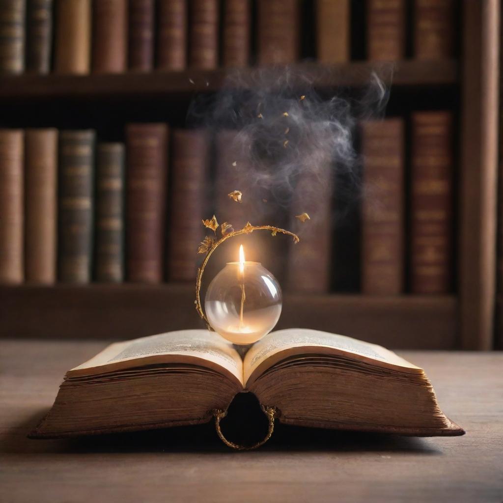 In the serene atmosphere of an enchanted library, devoid of any large tomes. A single magical, petite book levitates in the air, its glowing pages gently turning, casting a soothing, warm light around the tranquil space.