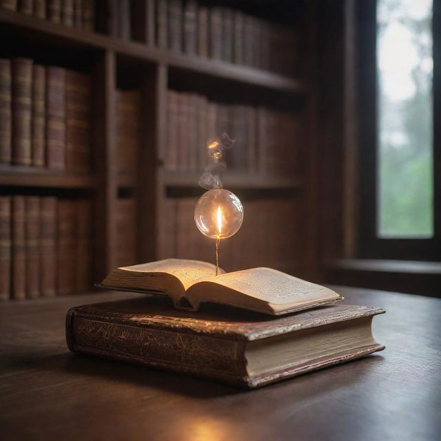 In the serene atmosphere of an enchanted library, devoid of any large tomes. A single magical, petite book levitates in the air, its glowing pages gently turning, casting a soothing, warm light around the tranquil space.