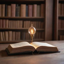 In the serene atmosphere of an enchanted library, devoid of any large tomes. A single magical, petite book levitates in the air, its glowing pages gently turning, casting a soothing, warm light around the tranquil space.