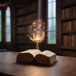 In the serene atmosphere of an enchanted library, devoid of any large tomes. A single magical, petite book levitates in the air, its glowing pages gently turning, casting a soothing, warm light around the tranquil space.