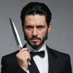 The distinguished mafia boss, now with longer and messier black hair that adds to his allure. He's still holding a hook-shaped knife, wearing his familiar three-piece black suit, possessing a short beard, and clear skin.