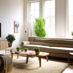 A cozy and modern living room filled with natural light, featuring a large comfortable sofa, a coffee table, a flat-screen TV, and various plants for a touch of freshness.