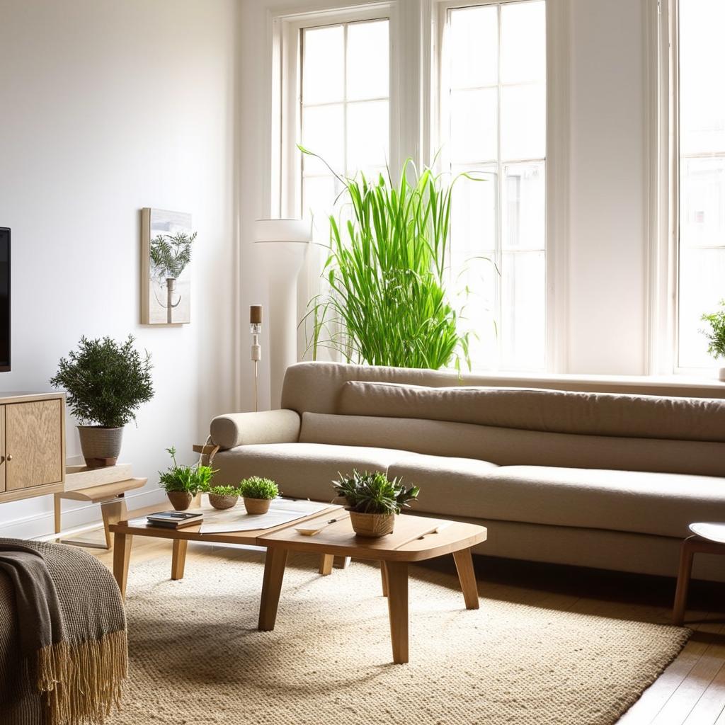 A cozy and modern living room filled with natural light, featuring a large comfortable sofa, a coffee table, a flat-screen TV, and various plants for a touch of freshness.