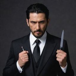 The distinguished mafia boss, now with longer and messier black hair that adds to his allure. He's still holding a hook-shaped knife, wearing his familiar three-piece black suit, possessing a short beard, and clear skin.