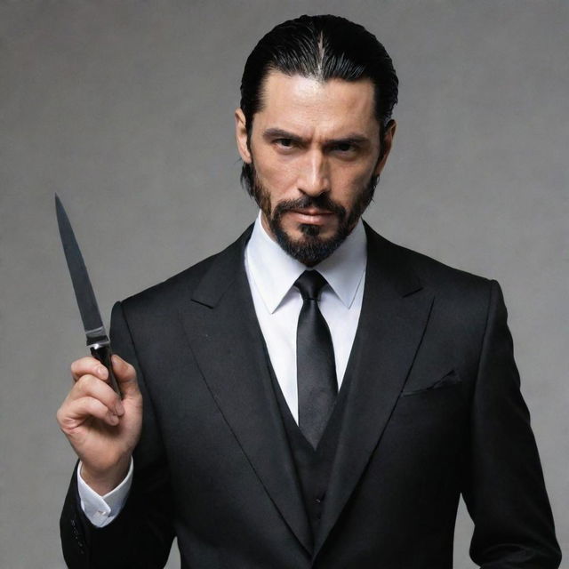 The distinguished mafia boss, now with longer and messier black hair that adds to his allure. He's still holding a hook-shaped knife, wearing his familiar three-piece black suit, possessing a short beard, and clear skin.