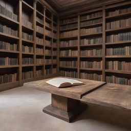 A rustic wooden table set in a library, upon which an intriguing book floats. The book hovers in mid-air, detached from all physical constraints, adding a sense of mystique to this serene literary setting.