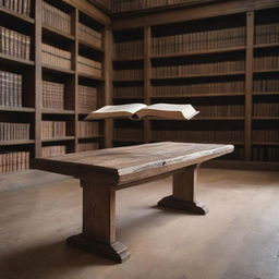 A rustic wooden table set in a library, upon which an intriguing book floats. The book hovers in mid-air, detached from all physical constraints, adding a sense of mystique to this serene literary setting.