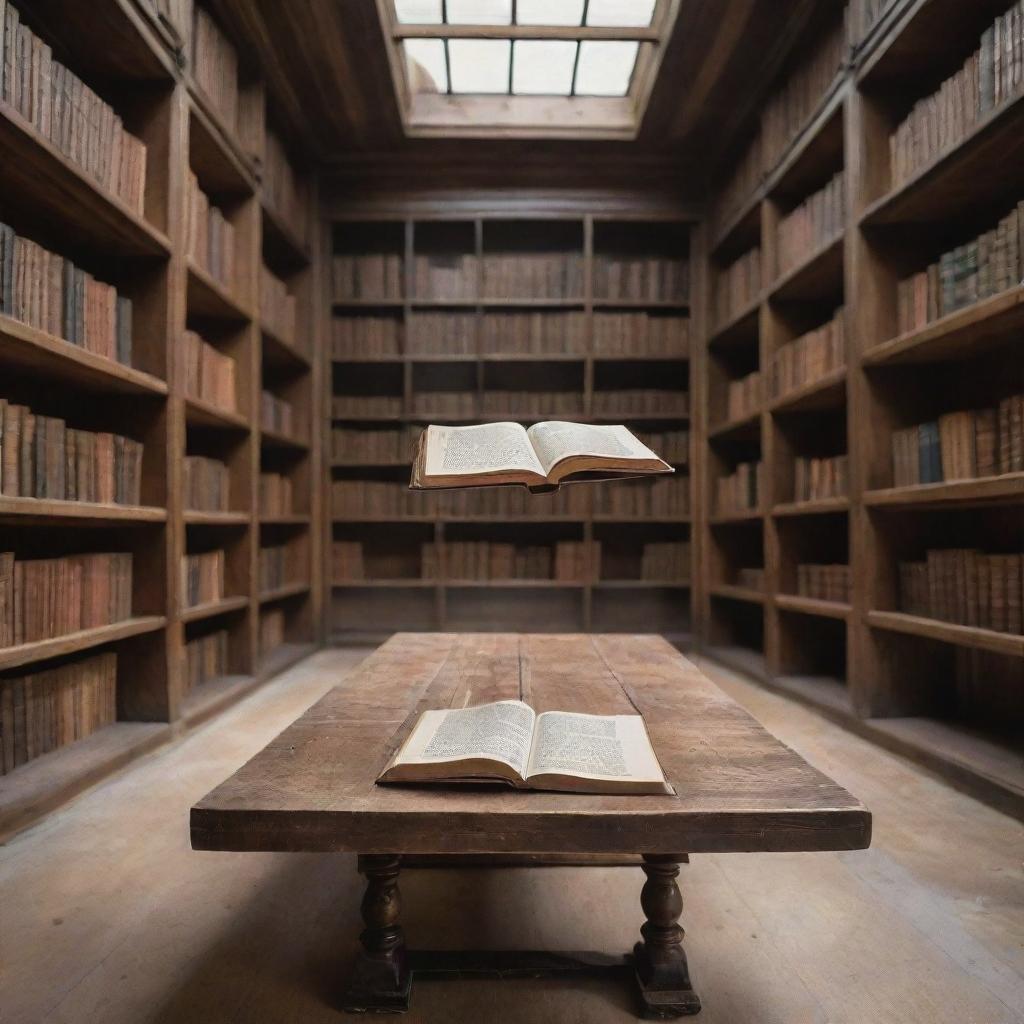 A rustic wooden table set in a library, upon which an intriguing book floats. The book hovers in mid-air, detached from all physical constraints, adding a sense of mystique to this serene literary setting.