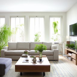 A cozy and modern living room filled with natural light, featuring a large comfortable sofa, a coffee table, a flat-screen TV, and various plants for a touch of freshness.