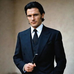 A younger and more attractive version of our mafia boss, resembling the charismatic Flin Ridder. His messy, now longer, black hair, the three-piece suit and hook-shaped knife are still part of his ensemble, complete with the neat short beard and clear skin.