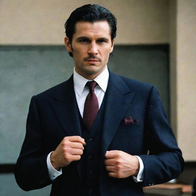 A younger and more attractive version of our mafia boss, resembling the charismatic Flin Ridder. His messy, now longer, black hair, the three-piece suit and hook-shaped knife are still part of his ensemble, complete with the neat short beard and clear skin.