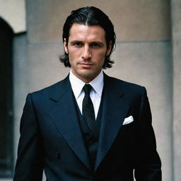 A younger and more attractive version of our mafia boss, resembling the charismatic Flin Ridder. His messy, now longer, black hair, the three-piece suit and hook-shaped knife are still part of his ensemble, complete with the neat short beard and clear skin.