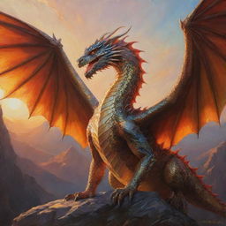 An oil painting of a noble dragon with glittering scales and powerful wings, bathed in the glow of a setting sun.