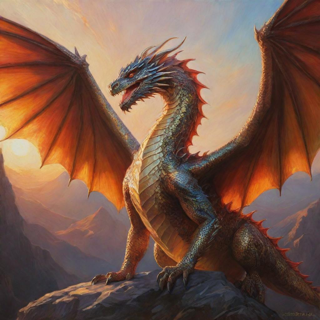 An oil painting of a noble dragon with glittering scales and powerful wings, bathed in the glow of a setting sun.