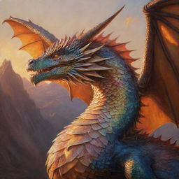 An oil painting of a noble dragon with glittering scales and powerful wings, bathed in the glow of a setting sun.