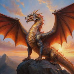 An oil painting of a noble dragon with glittering scales and powerful wings, bathed in the glow of a setting sun.