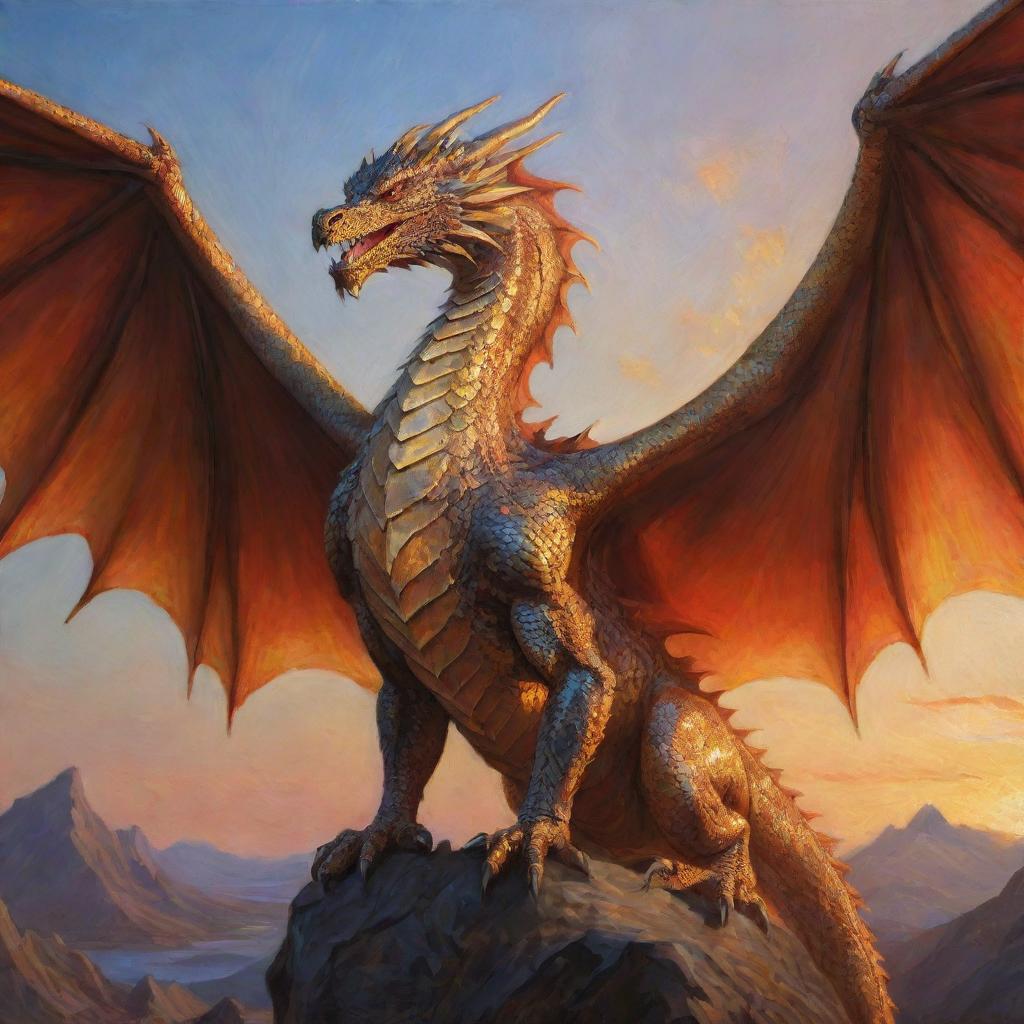 An oil painting of a noble dragon with glittering scales and powerful wings, bathed in the glow of a setting sun.