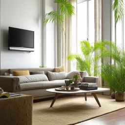 A cozy and modern living room filled with natural light, featuring a large comfortable sofa, a coffee table, a flat-screen TV, and various plants for a touch of freshness.