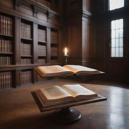 A rich mahogany table in an ancient library, a magical book floats above it. The book, untethered by gravity, rotates gently, its pages fluttering open and closed as if touched by an unseen hand, giving off an ethereal glow.