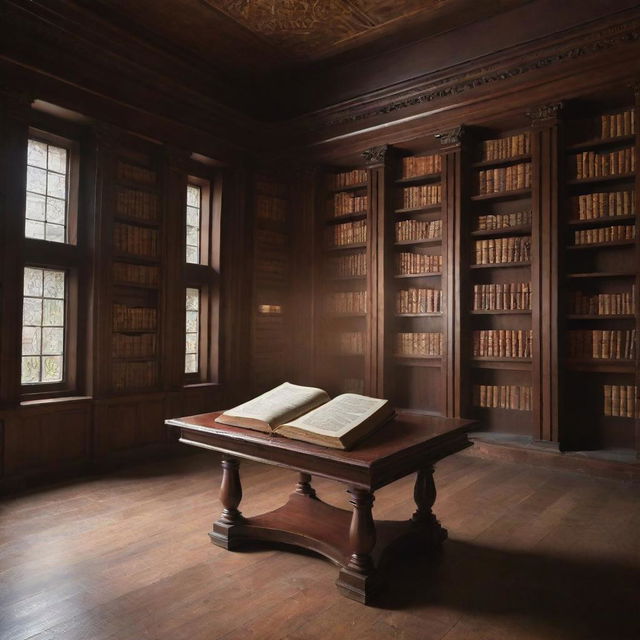 A rich mahogany table in an ancient library, a magical book floats above it. The book, untethered by gravity, rotates gently, its pages fluttering open and closed as if touched by an unseen hand, giving off an ethereal glow.