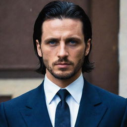 Our young, attractive mafia boss resembling Flin Ridder, now possessing striking blue eyes. Still characterized by the messy, long black hair, the sleek three-piece suit, a threatening hook-shaped knife, a well-maintained short beard, and unblemished skin.