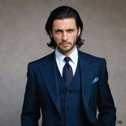 Our young, attractive mafia boss resembling Flin Ridder, now possessing striking blue eyes. Still characterized by the messy, long black hair, the sleek three-piece suit, a threatening hook-shaped knife, a well-maintained short beard, and unblemished skin.