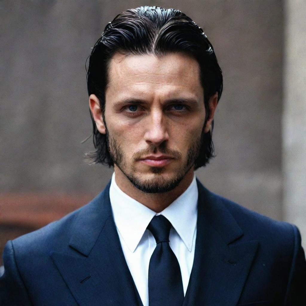 Our young, attractive mafia boss resembling Flin Ridder, now possessing striking blue eyes. Still characterized by the messy, long black hair, the sleek three-piece suit, a threatening hook-shaped knife, a well-maintained short beard, and unblemished skin.