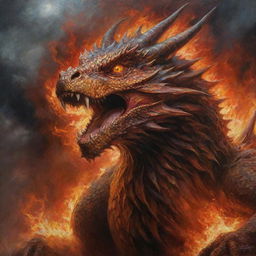 An impactful oil painting showing an enraged dragon, its scales glistening and eyes burning with fury, set against a tumultuous sky.