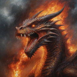 An impactful oil painting showing an enraged dragon, its scales glistening and eyes burning with fury, set against a tumultuous sky.