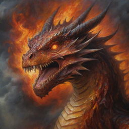 An impactful oil painting showing an enraged dragon, its scales glistening and eyes burning with fury, set against a tumultuous sky.