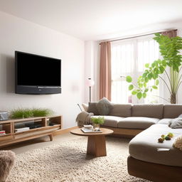 A cozy and modern living room filled with natural light, featuring a large comfortable sofa, a coffee table, a flat-screen TV, and various plants for a touch of freshness.