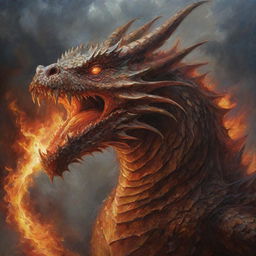 An impactful oil painting showing an enraged dragon, its scales glistening and eyes burning with fury, set against a tumultuous sky.