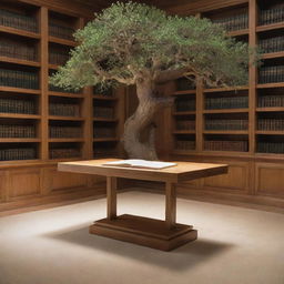 A sturdy oak table in a serene library, a single book levitating above it, illuminated from within. The book radiates a bright, inviting glow that lends an air of enchantment to the surroundings.