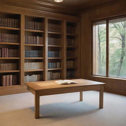 A sturdy oak table in a serene library, a single book levitating above it, illuminated from within. The book radiates a bright, inviting glow that lends an air of enchantment to the surroundings.